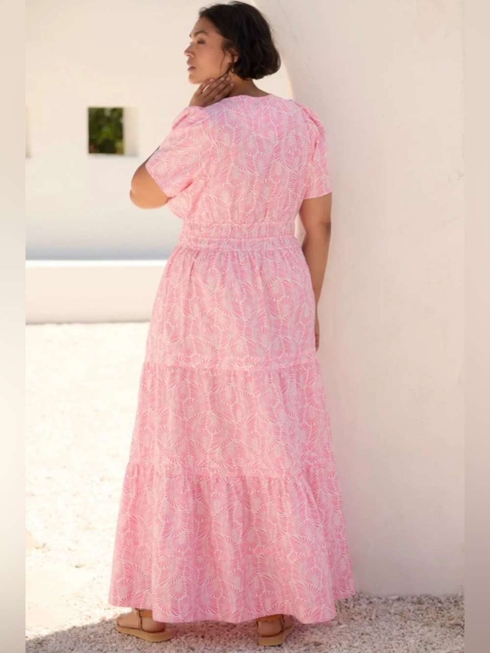 Anthropologie Pink Leaf-Print Short-Sleeve Maxi Dress - Picture 5 of 6